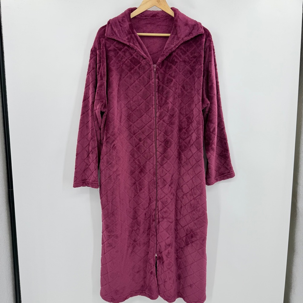 Unbranded Burgundy Fleece Zip Front Robe Diamond‎ Texture Housecoat Pockets XL